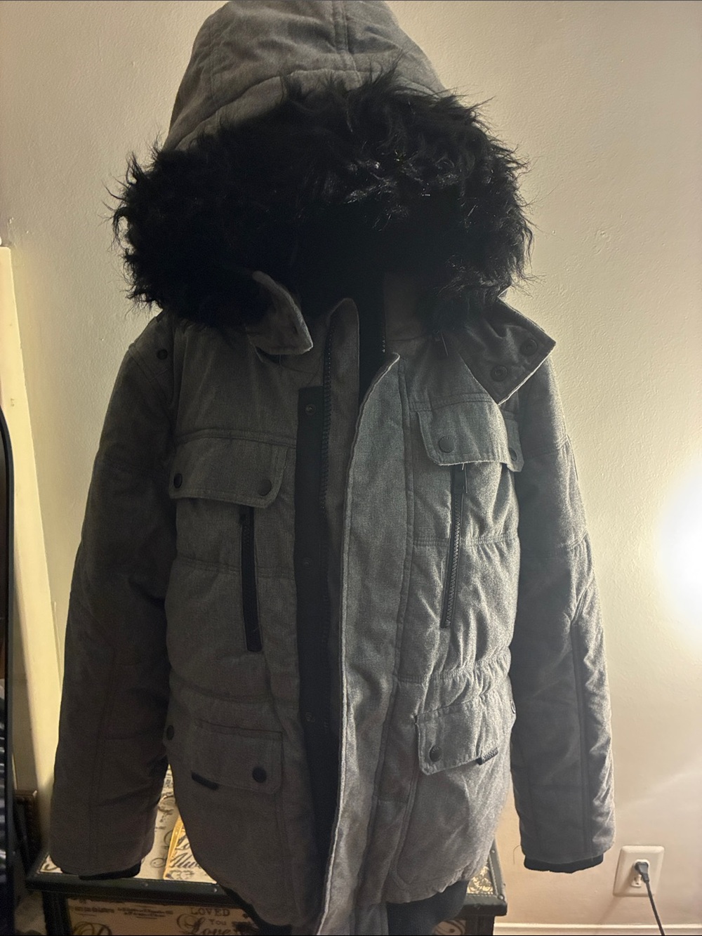 Men's Gray Hooded Parka Jacket with Faux Fur Trim